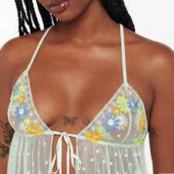 Floral Embroidered Sheer Babydoll Lingerie - Green - Picture 13 of 13